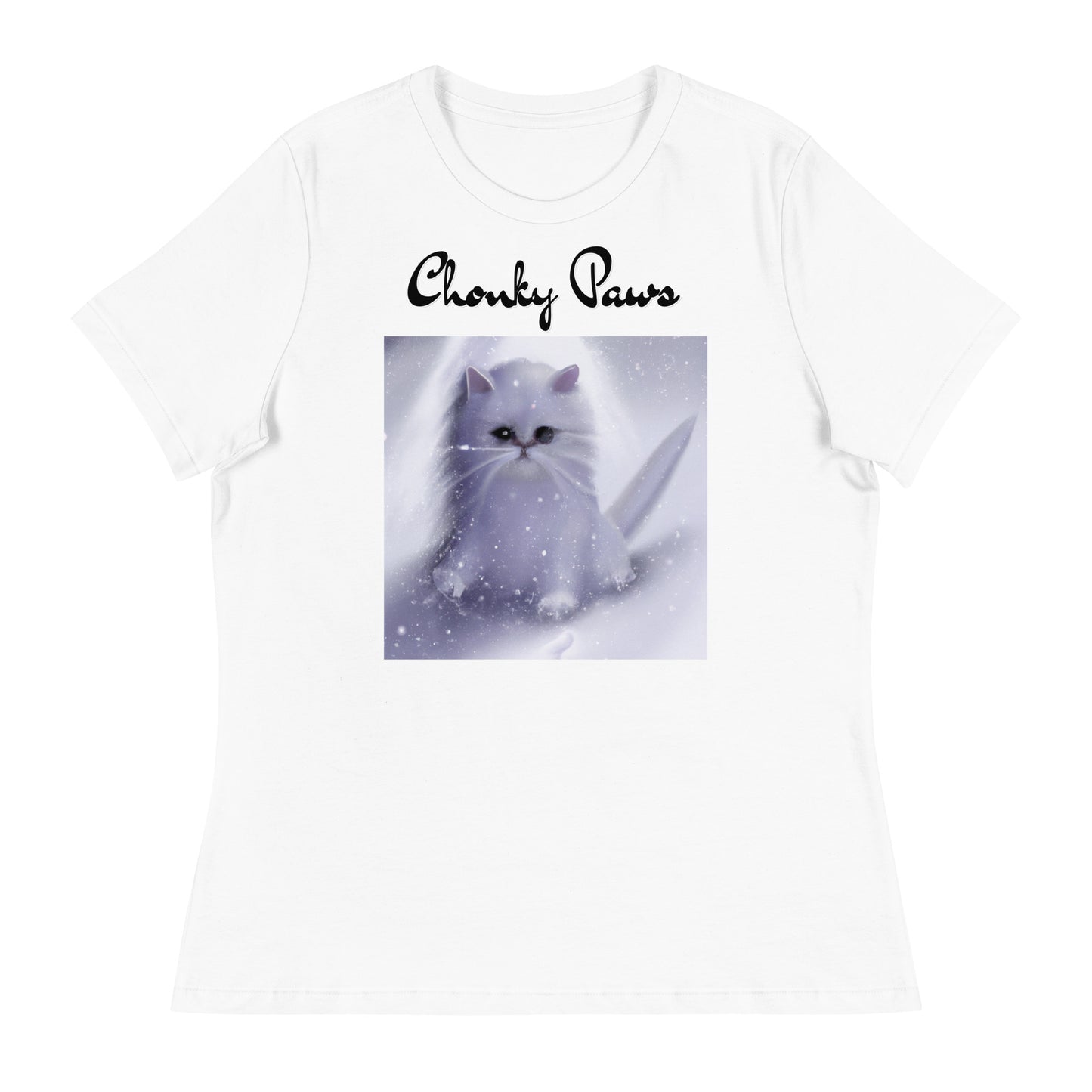 Women's White T-Shirt with Fluffy White Kitten In The SNow with a text "Chonky Paws" at $25.97 found at Personalizedpetlovergifts