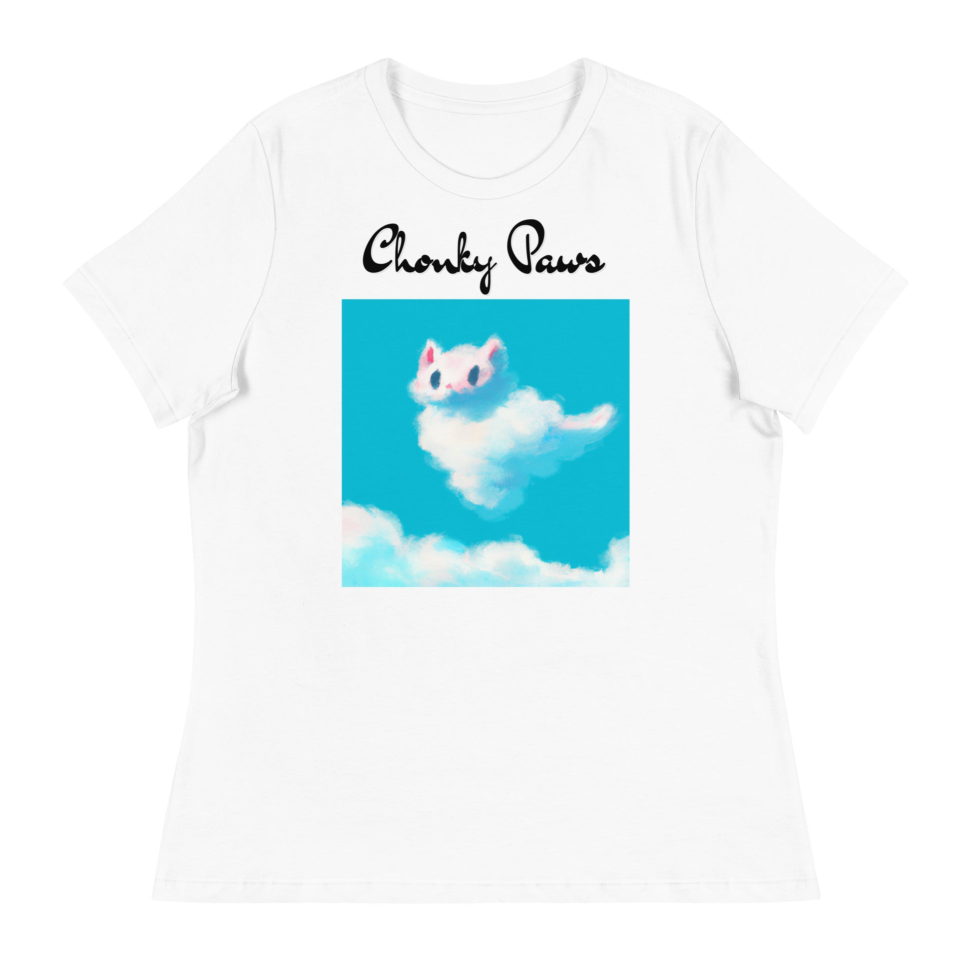 Women's White T-Shirt with Fluffy White Cloud Kitten with a text "Chonky Paws" at $25.97 found at Personalizedpetlovergifts