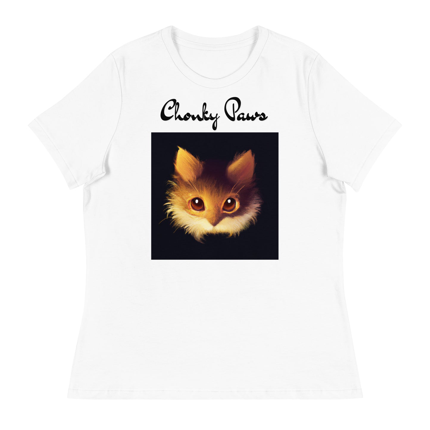 Women's White T-Shirt with Fluffy Orange Cat Portrait with a text "Chonky Paws" at $25.97 found at Personalizedpetlovergifts