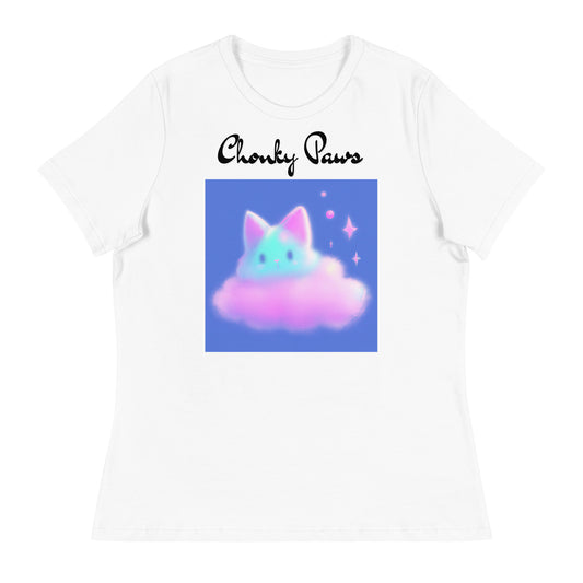 Women's White T-Shirt with Fluffy Pink Cloud Kitten with a text "Chonky Paws" at $25.97 found at Personalizedpetlovergifts