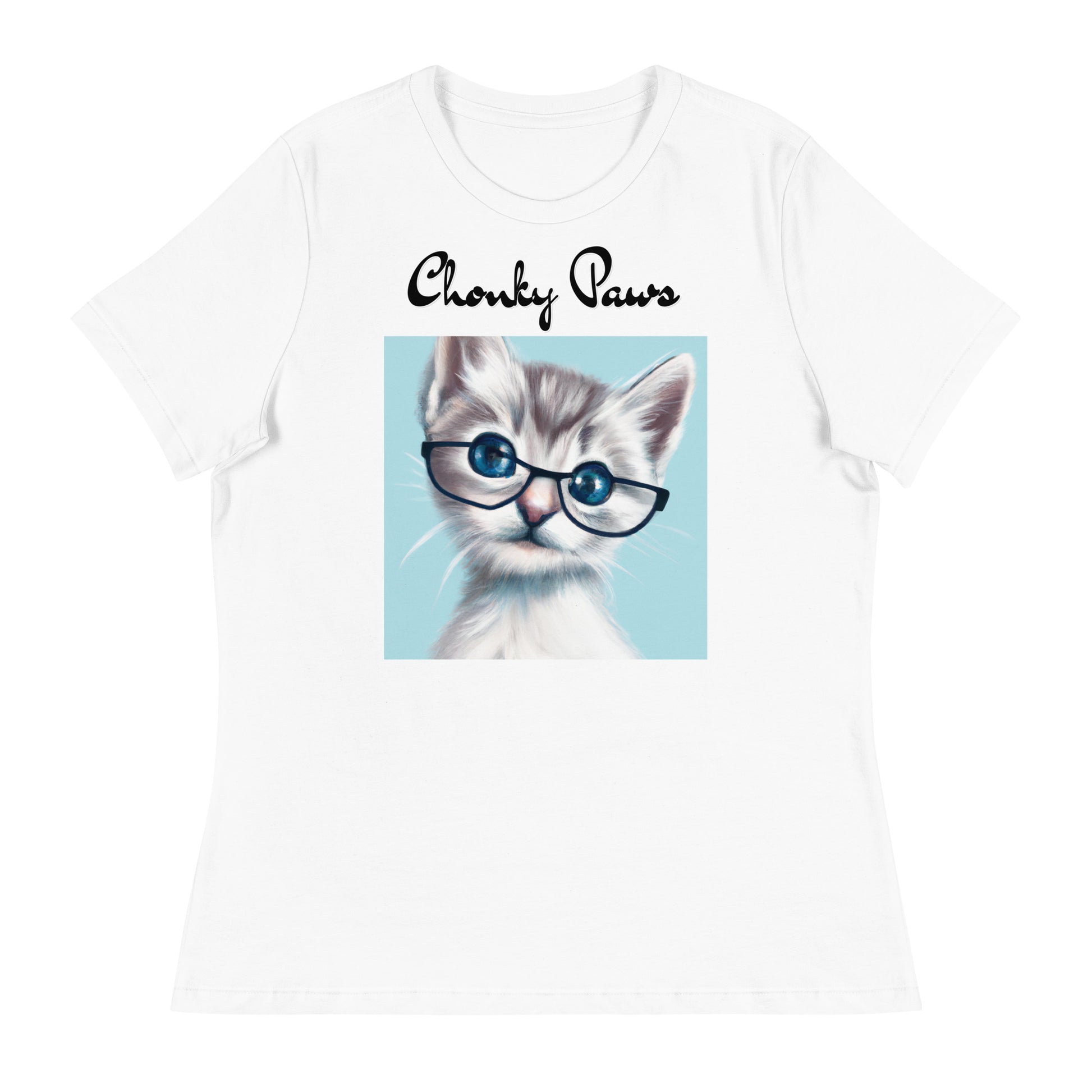 Women's White T-Shirt with Fluffy Kitten With Glasses with a text "Chonky Paws" at $25.97 found at Personalizedpetlovergifts