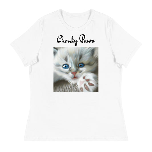 Women's White T-Shirt with Fluffy Kitten With Fluffy Paw with a text "Chonky Paws" at $25.97 found at Personalizedpetlovergifts