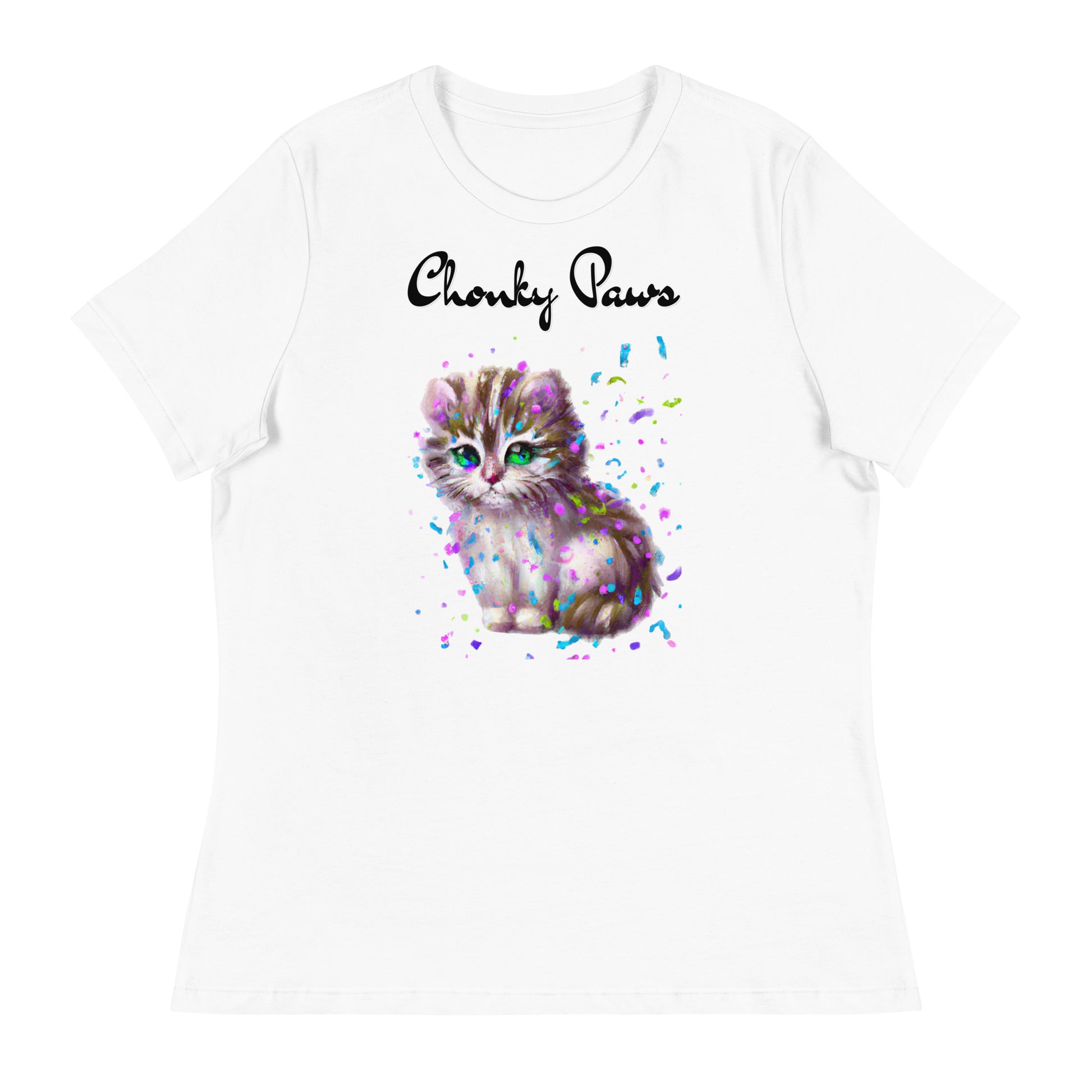 Women's White T-Shirt with Fluffy Kitten With Confetti with a text "Chonky Paws" at $25.97 found at Personalizedpetlovergifts