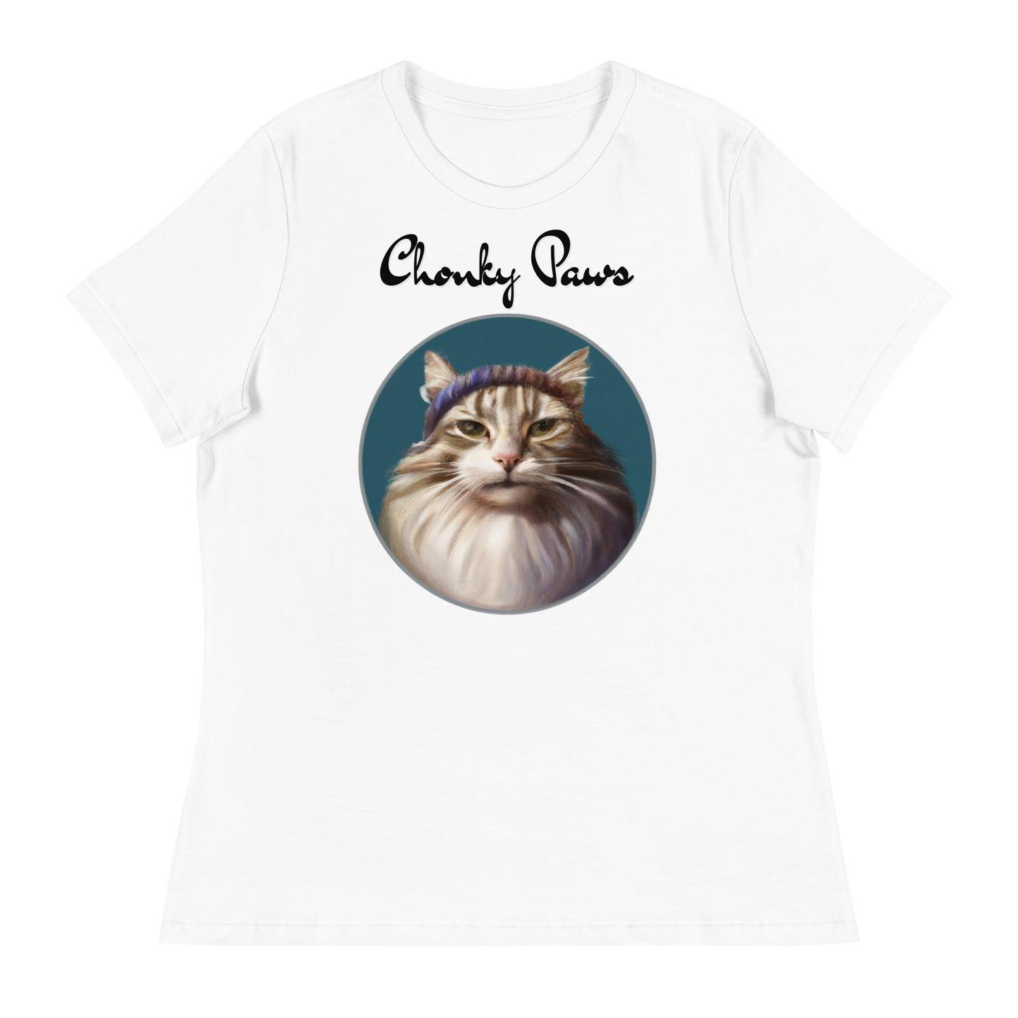 Women's White T-Shirt with Fluffy Kitten With a Wool Headband with a text "Chonky Paws" at $25.97 found at Personalizedpetlovergifts