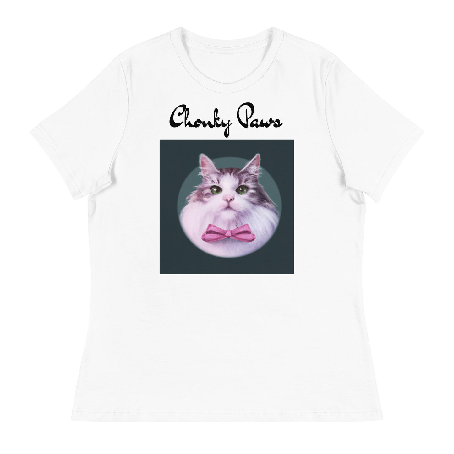 Women's White T-Shirt with Fluffy Kitten With a Pink Bow with a text "Chonky Paws" at $25.97 found at Personalizedpetlovergifts