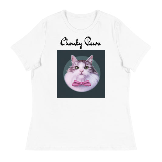 Women's White T-Shirt with Fluffy Kitten With a Pink Bow with a text "Chonky Paws" at $25.97 found at Personalizedpetlovergifts