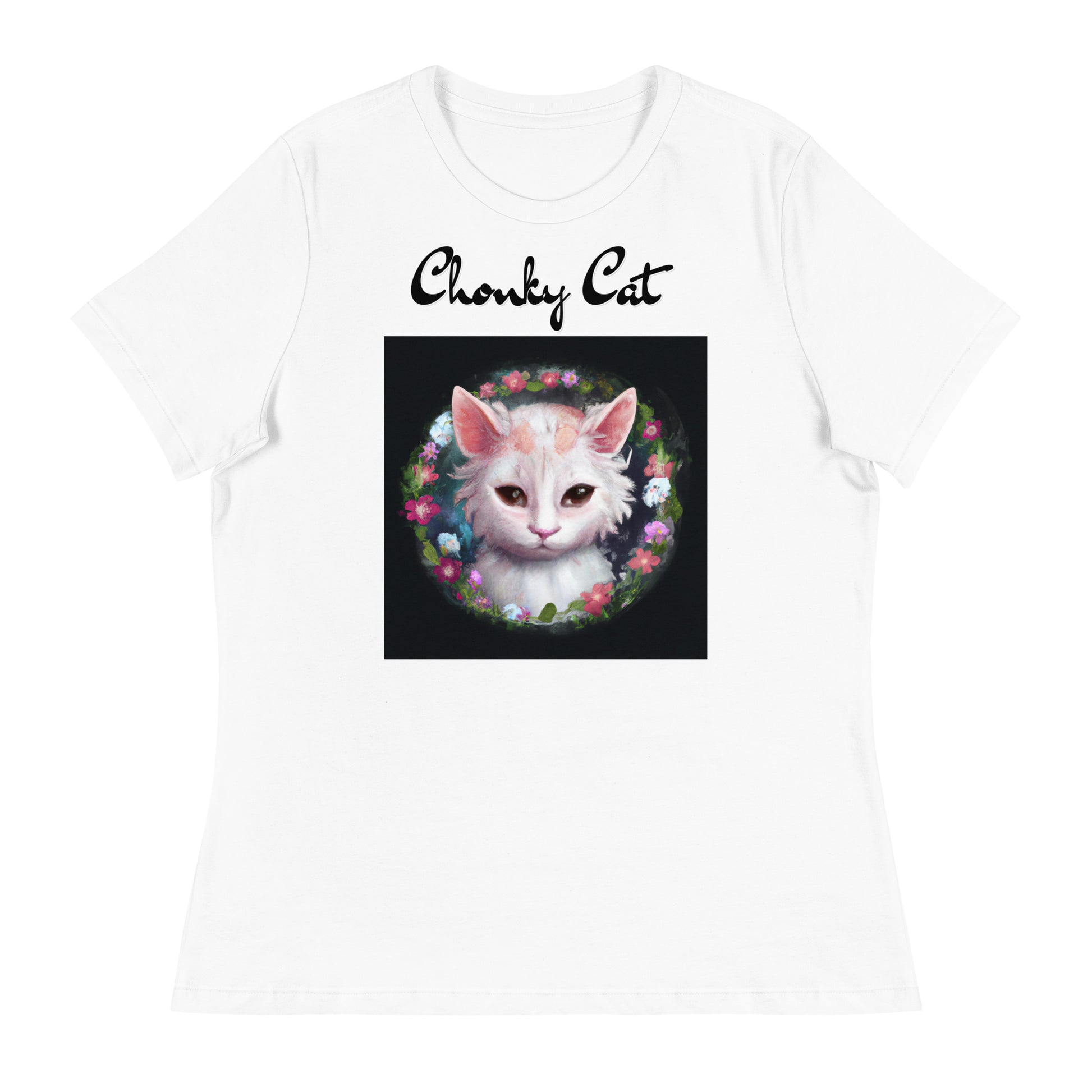 Women's White T-Shirt with Kitten In a Floral Circle with a text "Chonky Cat" at $25.97 found at Personalizedpetlovergifts