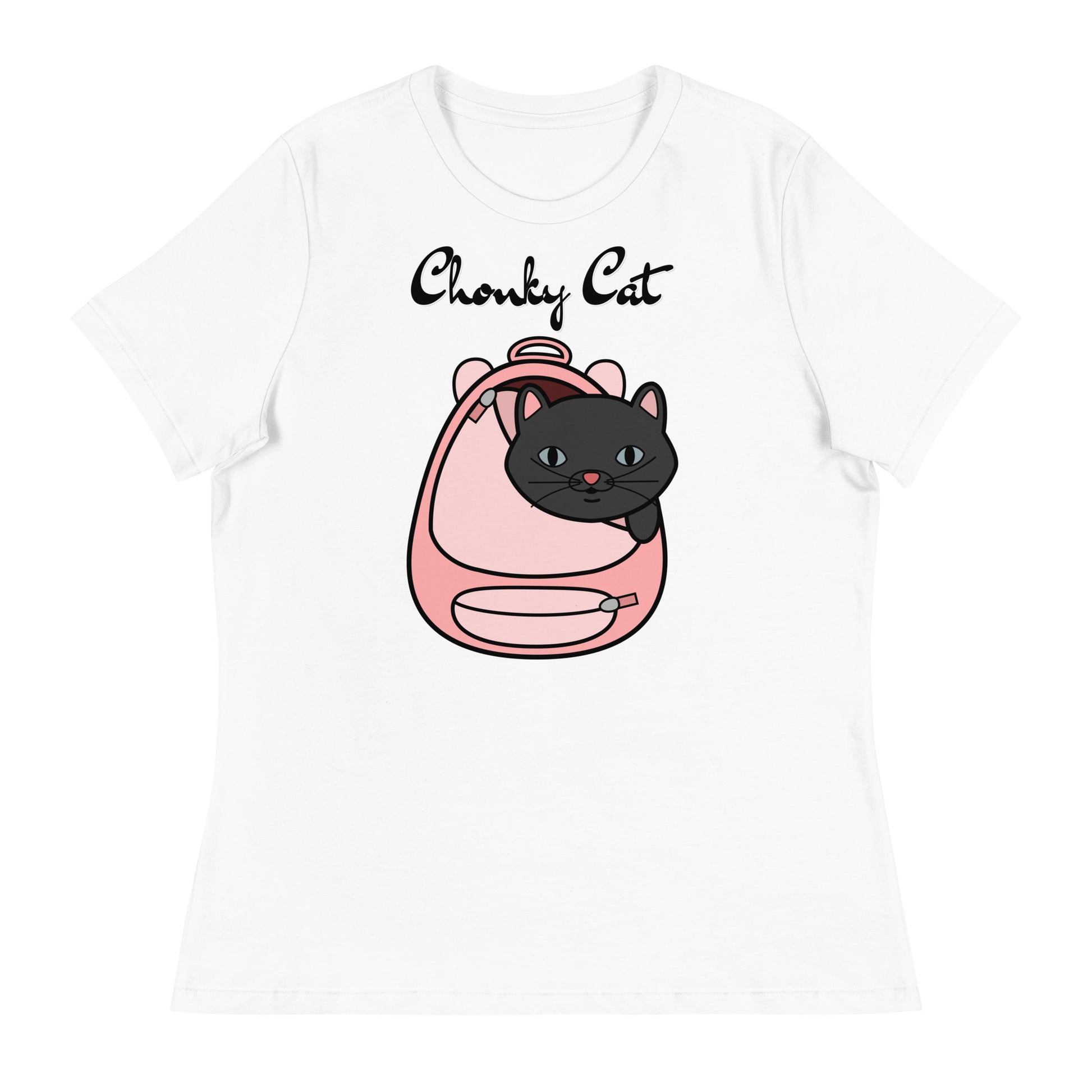 Women's White T-Shirt with Kitten In a Backpack with a text "Chonky Cat" at $25.97 found at Personalizedpetlovergifts