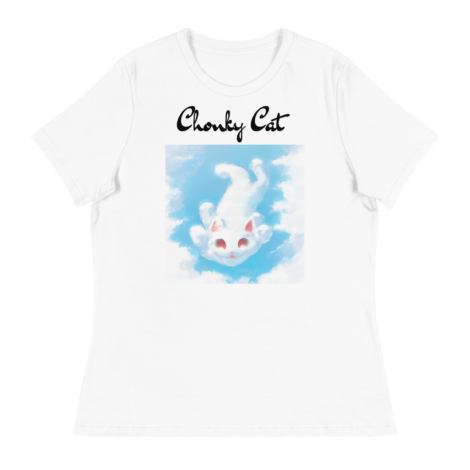 Women's White T-Shirt with Kitten Flying In The Sky with a text "Chonky Cat" at $25.97 found at Personalizedpetlovergifts