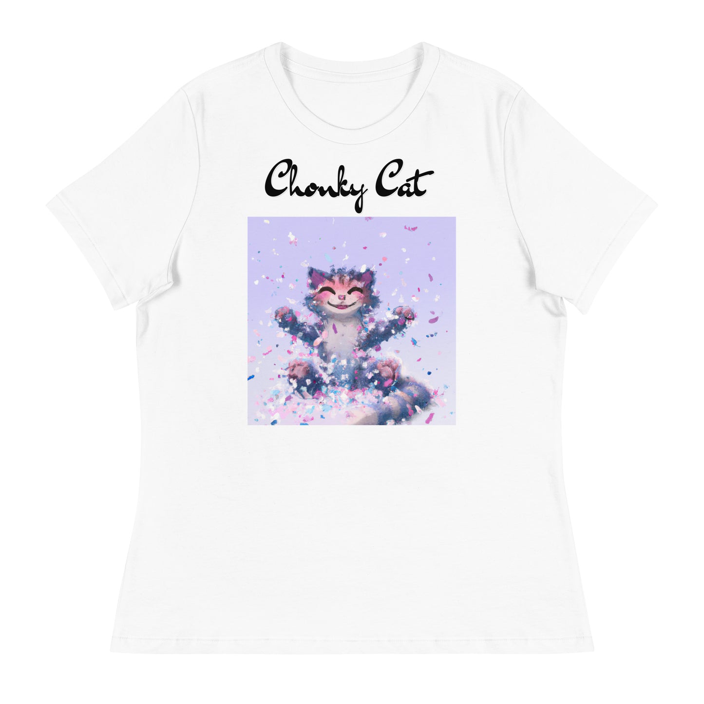 Women's White T-Shirt with Kitten Enjoying Confetti with a text "Chonky Cat" at $25.97 found at Personalizedpetlovergifts