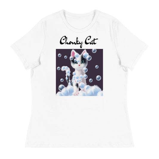 Women's White T-Shirt with Kitten Covered In Bubbles with a text "Chonky Cat" at $25.97 found at Personalizedpetlovergifts