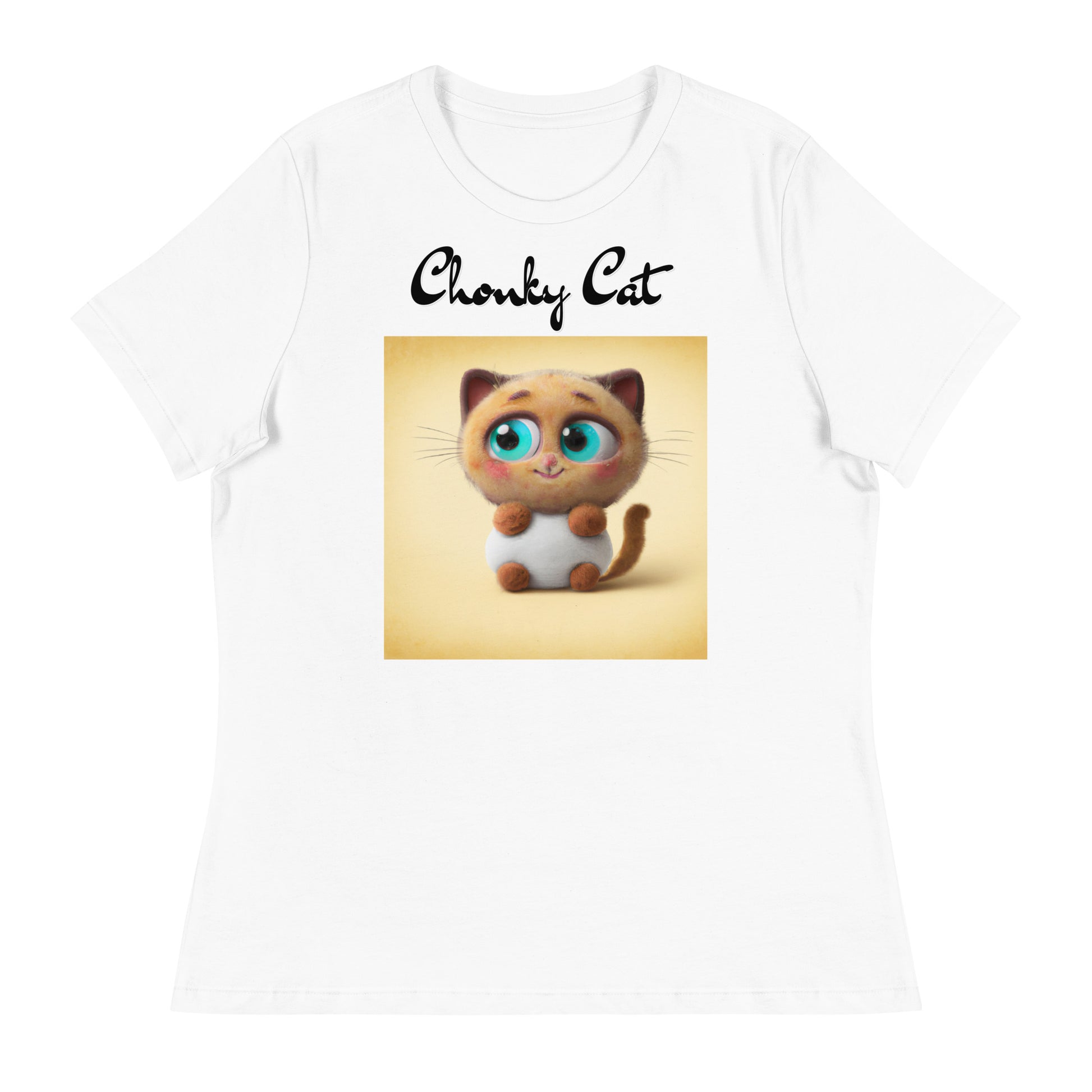 Women's White T-Shirt with Happy Fluffy Kitten with a text "Chonky Cat" at $25.97 found at Personalizedpetlovergifts