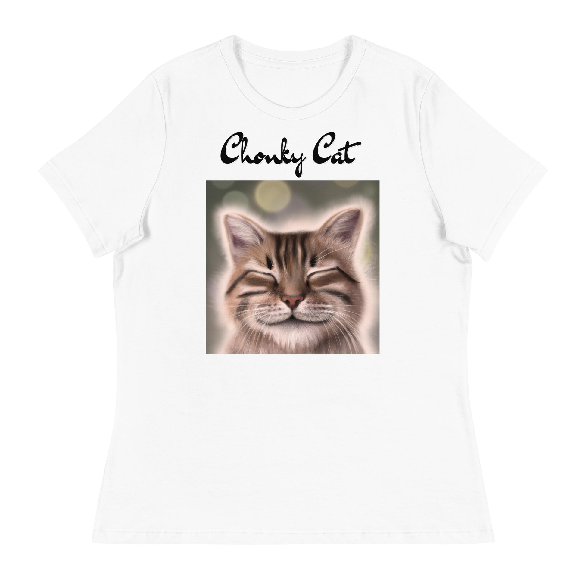 Women's White T-Shirt with Happy Cat with a text "Chonky Cat" at $25.97 found at Personalizedpetlovergifts