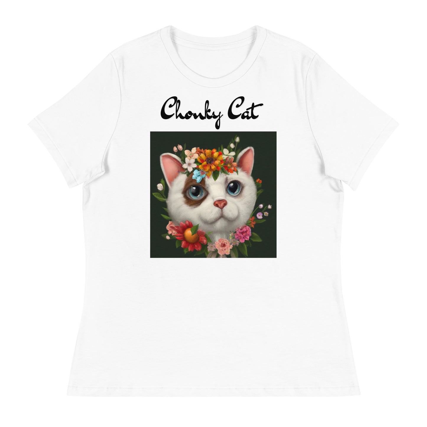 Women's White T-Shirt with Happy Cat Portrait With Flowers with a text "Chonky Cat" at $25.97 found at Personalizedpetlovergifts