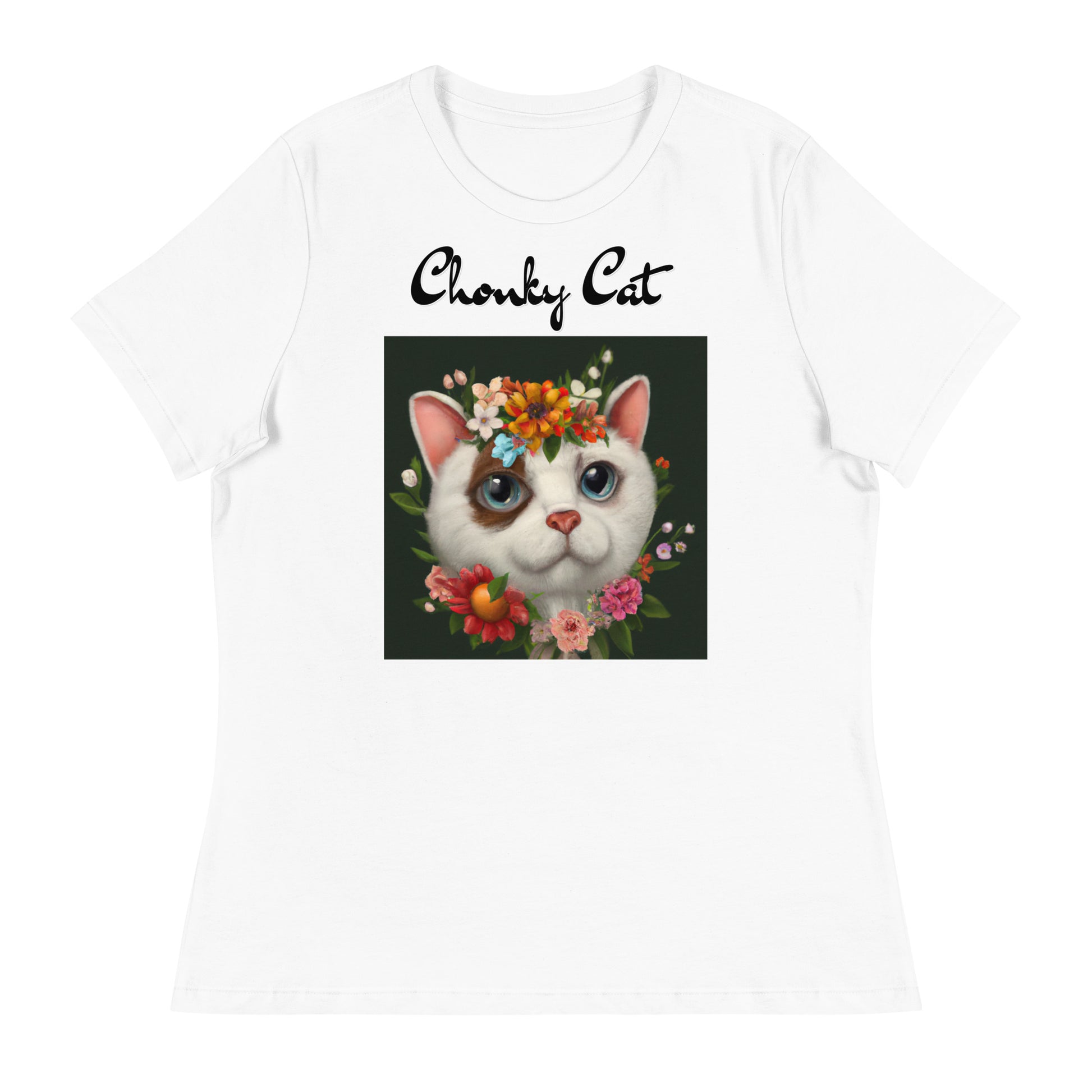 Women's White T-Shirt with Happy Cat Portrait With Flowers with a text "Chonky Cat" at $25.97 found at Personalizedpetlovergifts