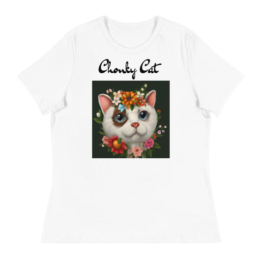 Women's White T-Shirt with Happy Cat Portrait With Flowers with a text "Chonky Cat" at $25.97 found at Personalizedpetlovergifts