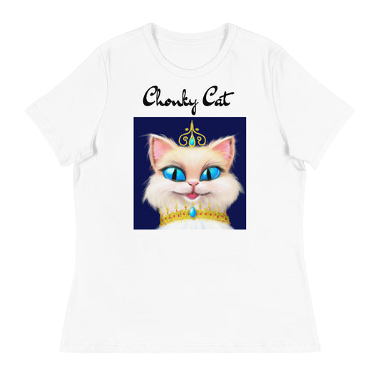 Women's White T-Shirt with Happy Blue Eyed Kitten Princess with a text "Chonky Cat" at $25.97 found at Personalizedpetlovergifts