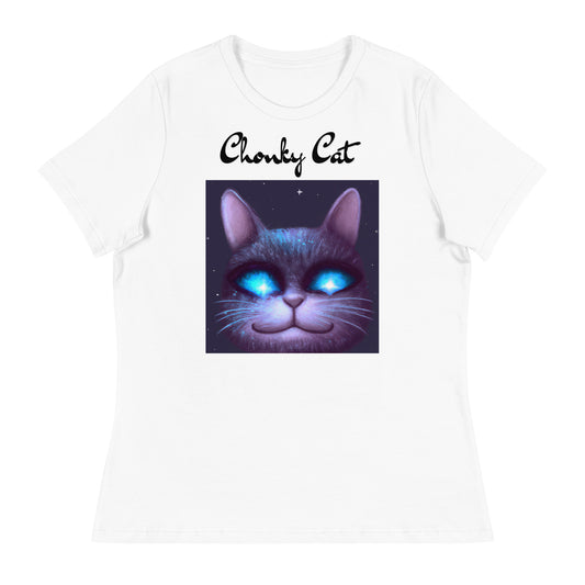 Women's White T-Shirt with Happy Blue Eyed Cat with a text "Chonky Cat" at $25.97 found at Personalizedpetlovergifts