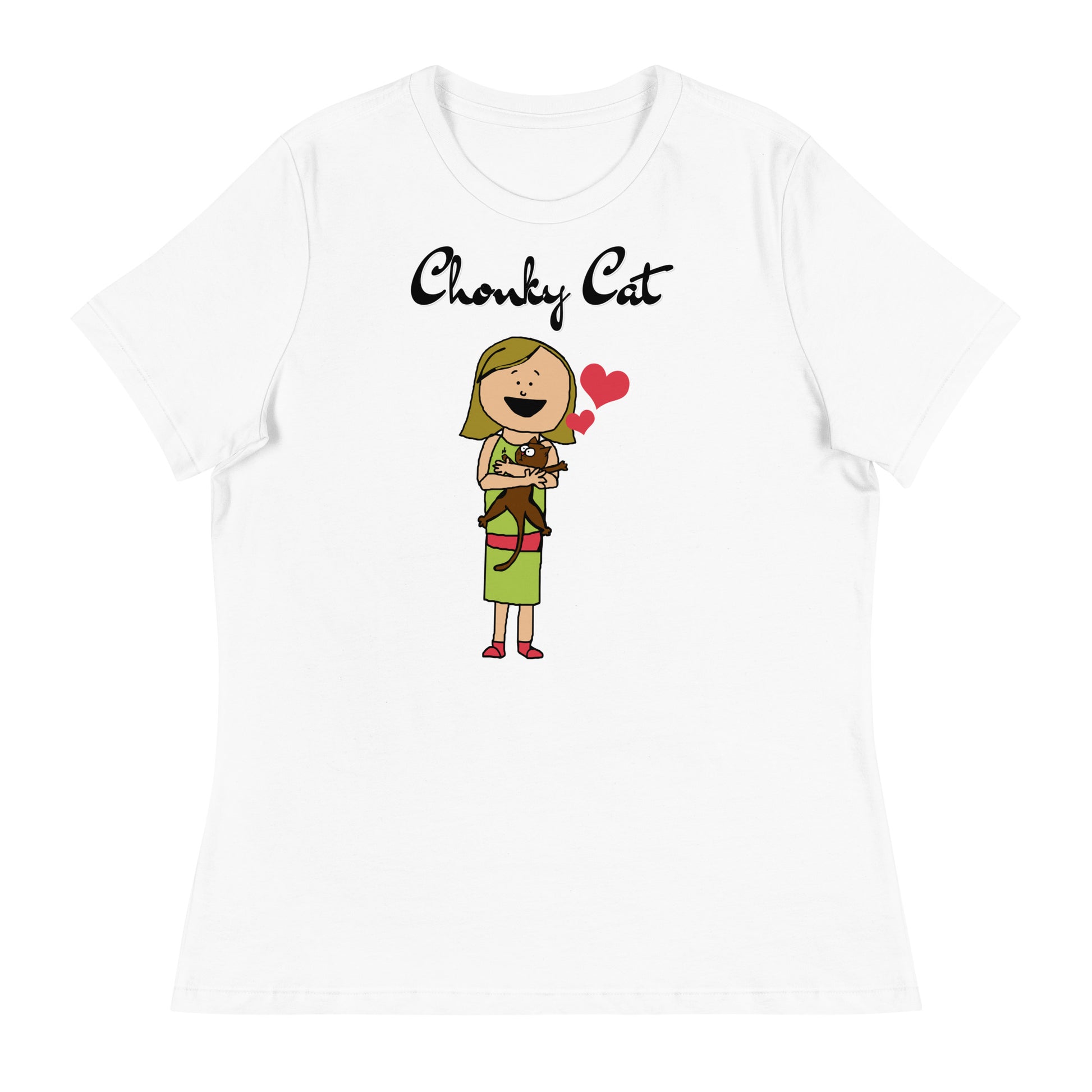 Women's White T-Shirt with Girl Holding a Kitten with a text "Chonky Cat" at $25.97 found at Personalizedpetlovergifts