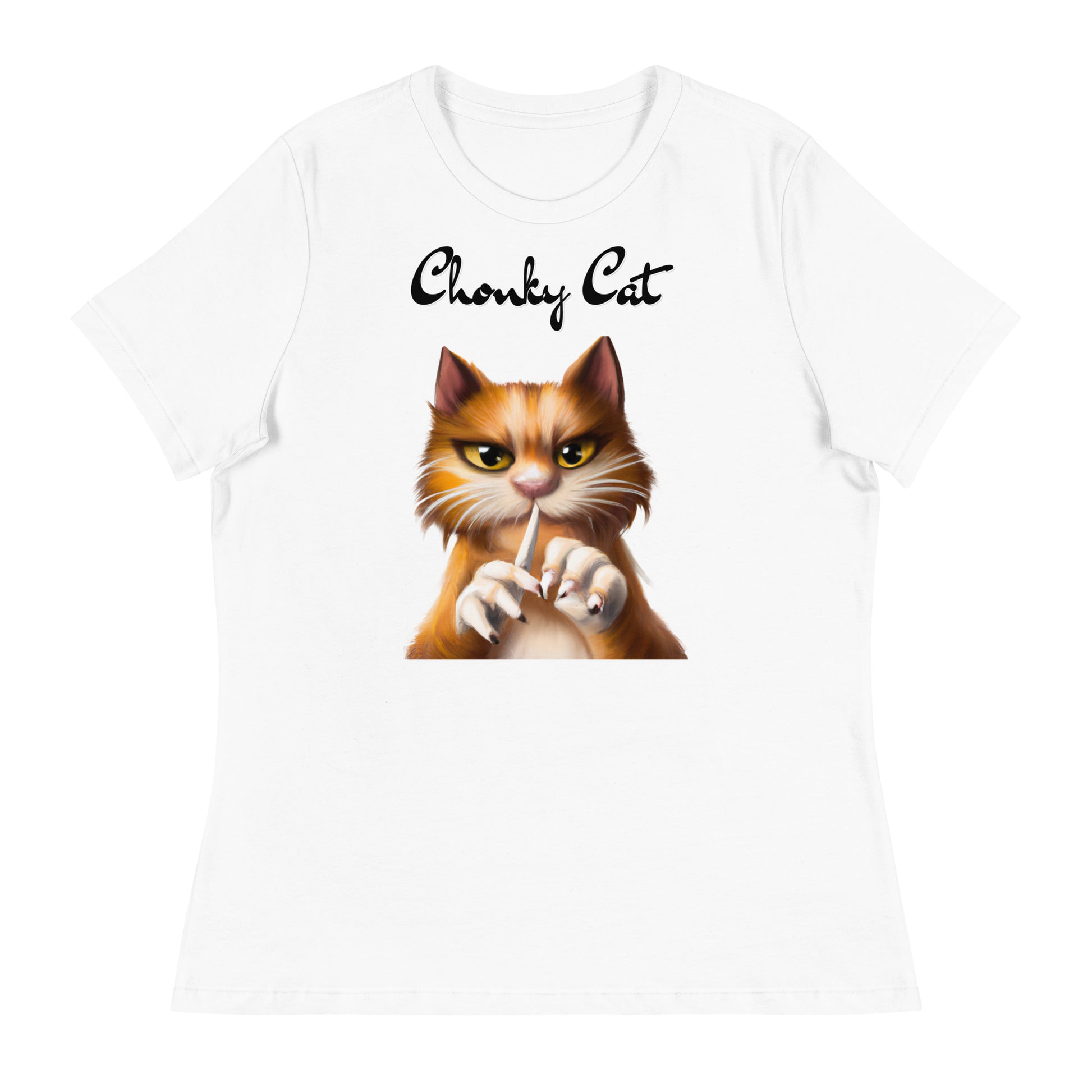 Women's White T-Shirt with Ginger Cat Filing Its Nails with a text "Chonky Cat" at $25.97 found at Personalizedpetlovergifts