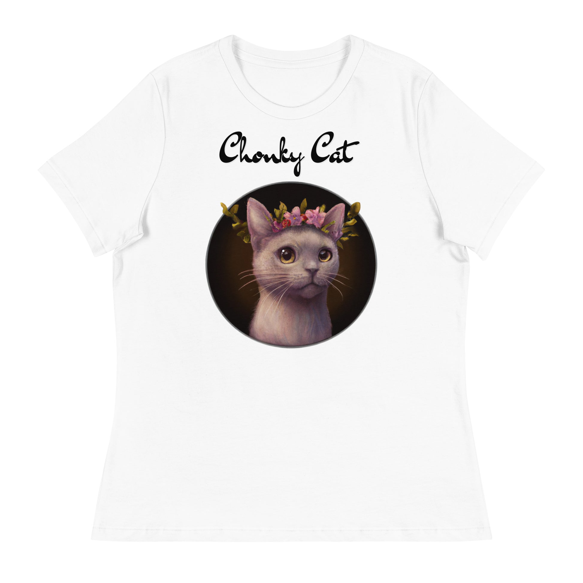 Women's White T-Shirt with Gentle Cat With Pink Floral Headpiece with a text "Chonky Cat" at $25.97 found at Personalizedpetlovergifts