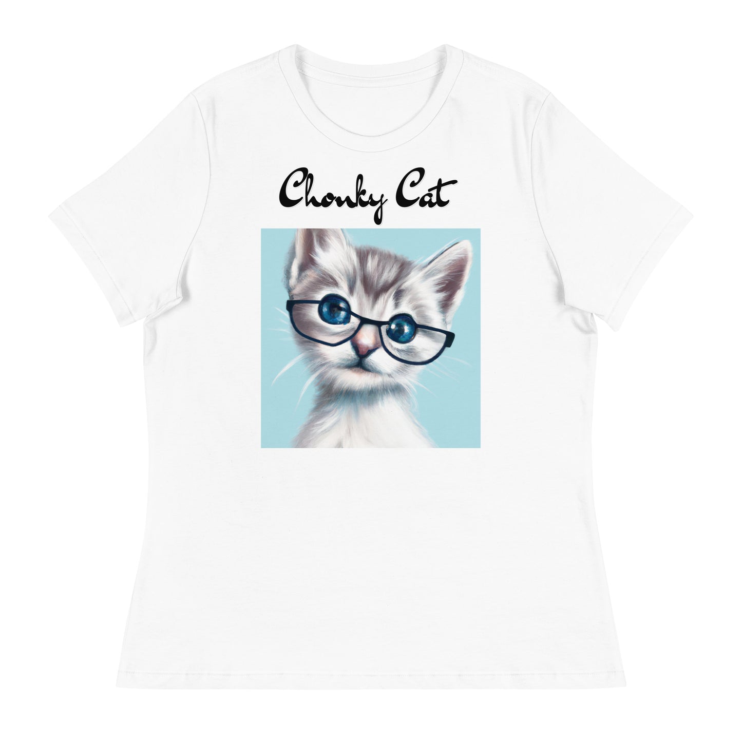 Women's White T-Shirt with Fluffy Kitten With Glasses with a text "Chonky Cat" at $25.97 found at Personalizedpetlovergifts