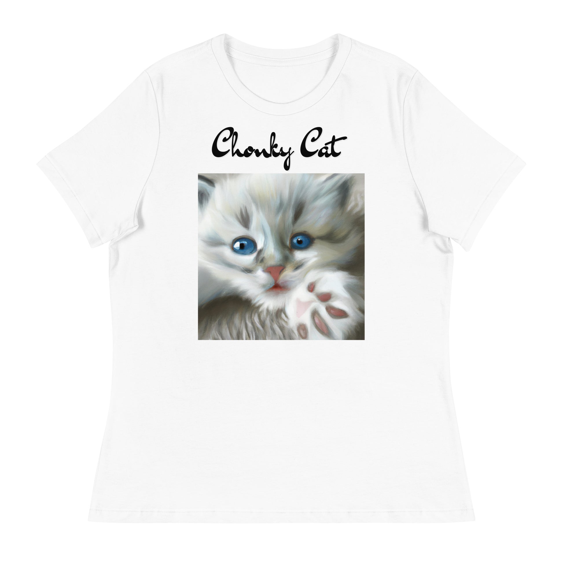 Women's White T-Shirt with Fluffy Kitten With Fluffy Paw with a text "Chonky Cat" at $25.97 found at Personalizedpetlovergifts