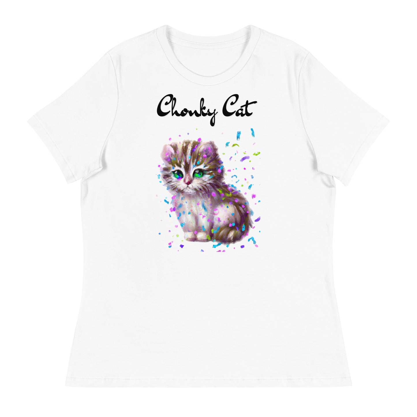 Women's White T-Shirt with Fluffy Kitten With Confetti with a text "Chonky Cat" at $25.97 found at Personalizedpetlovergifts