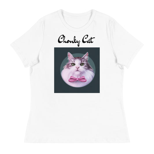 Women's White T-Shirt with Fluffy Kitten With a Pink Bow with a text "Chonky Cat" at $25.97 found at Personalizedpetlovergifts