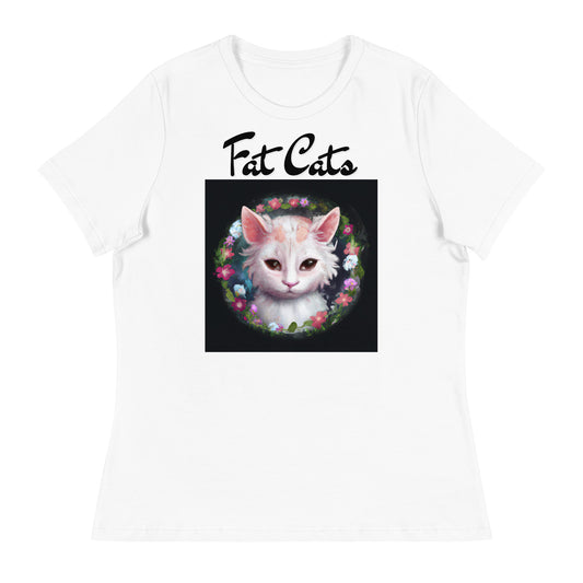 Women's White T-Shirt with Kitten In a Floral Circle with a text "Fat Cats" at $25.97 found at Personalizedpetlovergifts