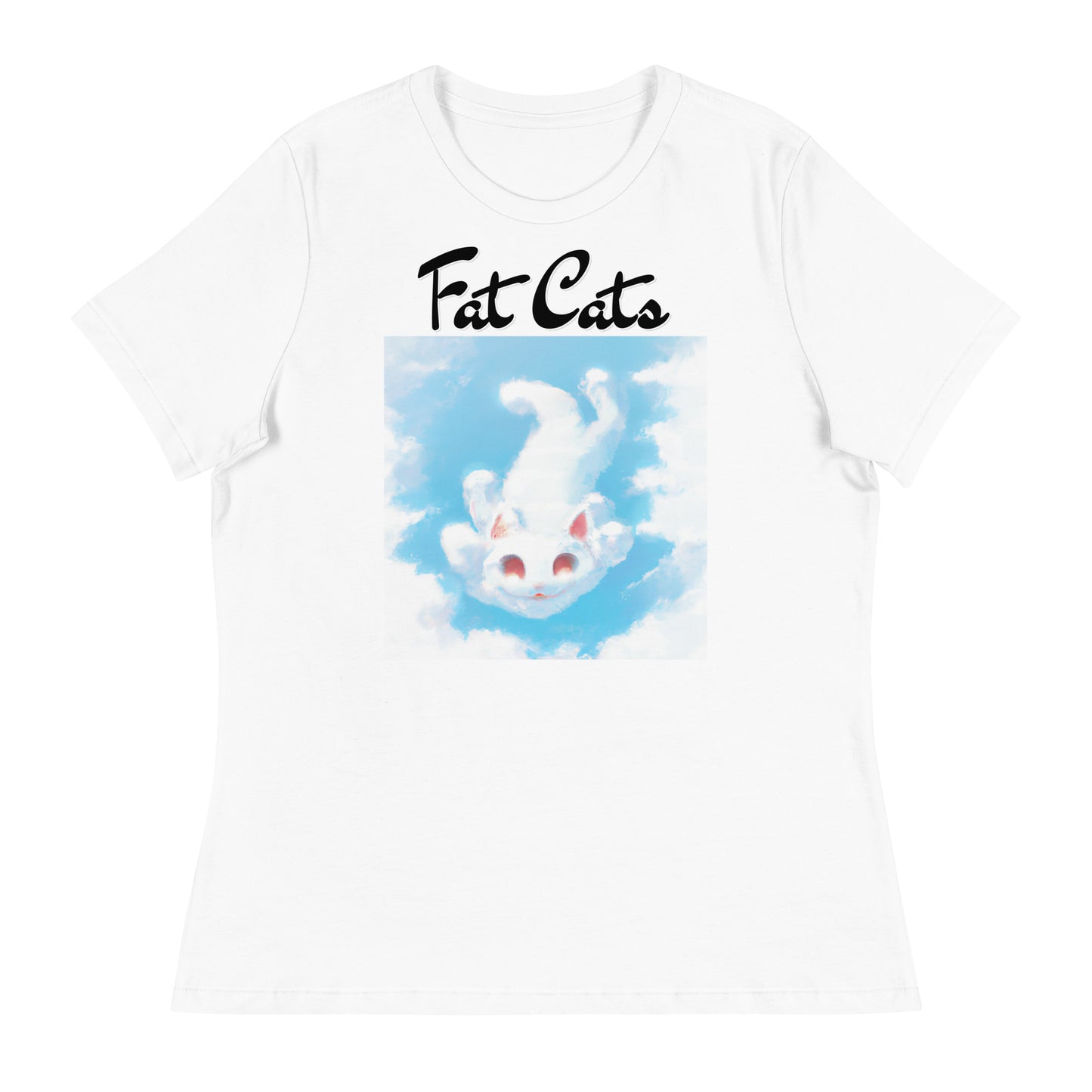 Women's White T-Shirt with Kitten Flying In The Sky with a text "Fat Cats" at $25.97 found at Personalizedpetlovergifts