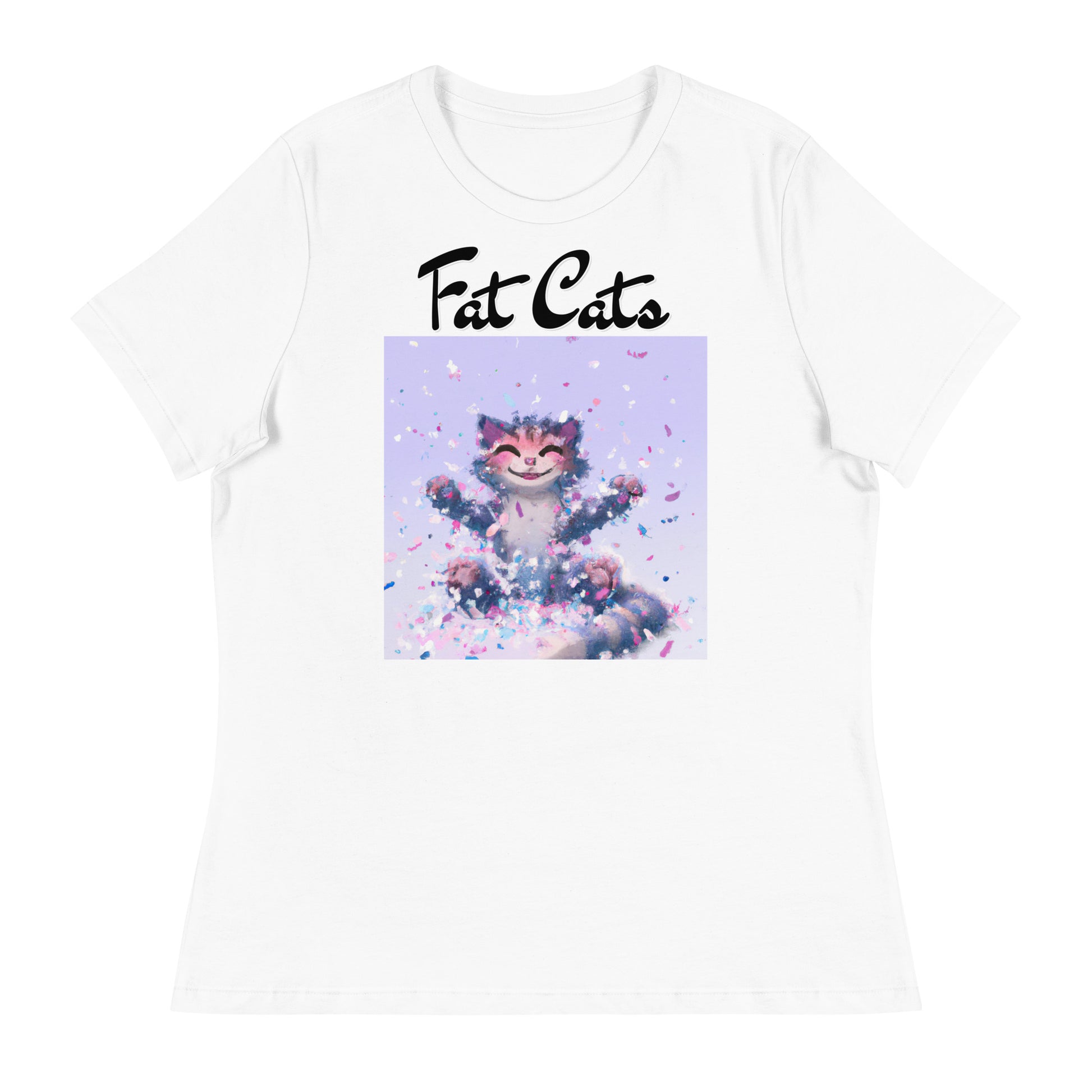 Women's White T-Shirt with Kitten Enjoying Confetti with a text "Fat Cats" at $25.97 found at Personalizedpetlovergifts