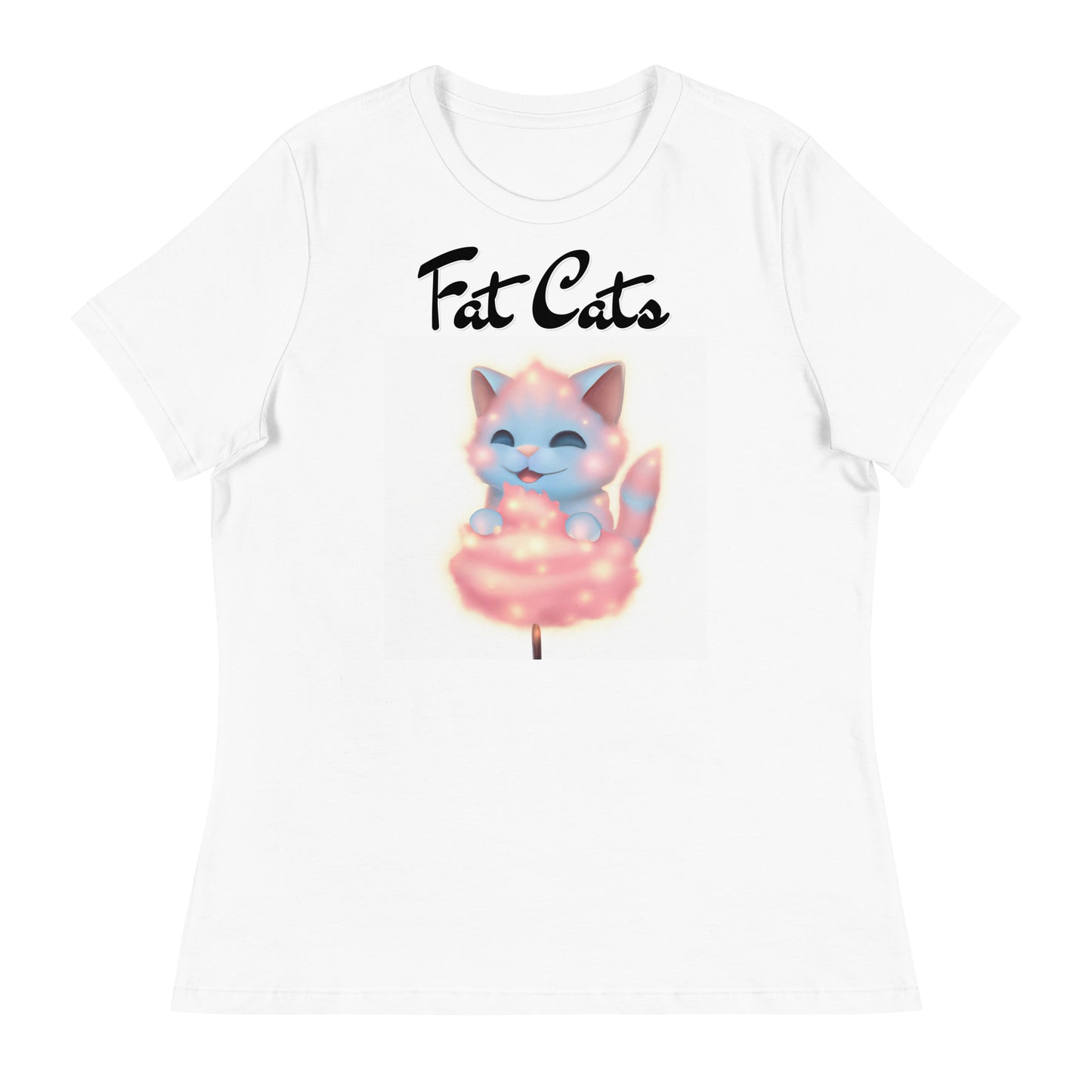 Women's White T-Shirt with Kitten Enjoying a Cotton Candy with a text "Fat Cats" at $25.97 found at Personalizedpetlovergifts