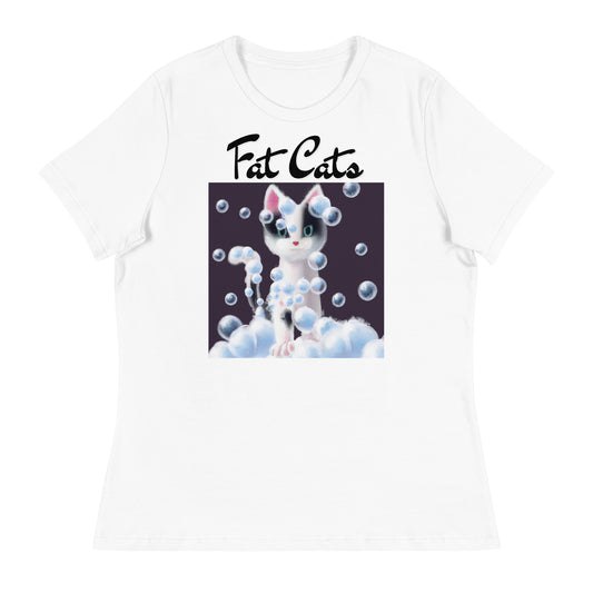 Women's White T-Shirt with Kitten Covered In Bubbles with a text "Fat Cats" at $25.97 found at Personalizedpetlovergifts