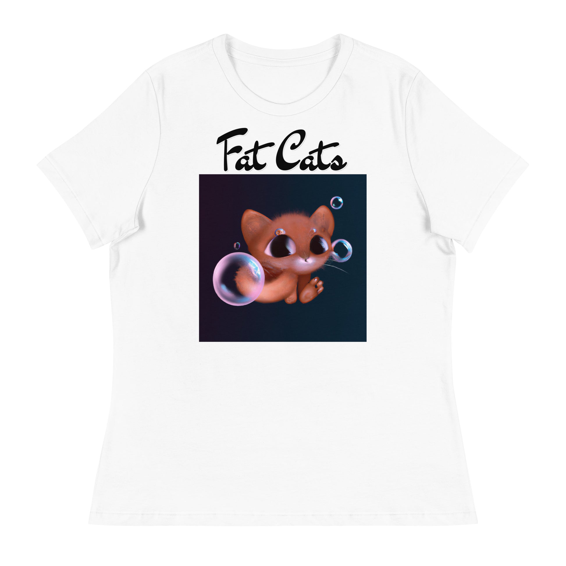 Women's White T-Shirt with Kitten And Soap Bubbles with a text "Fat Cats" at $25.97 found at Personalizedpetlovergifts