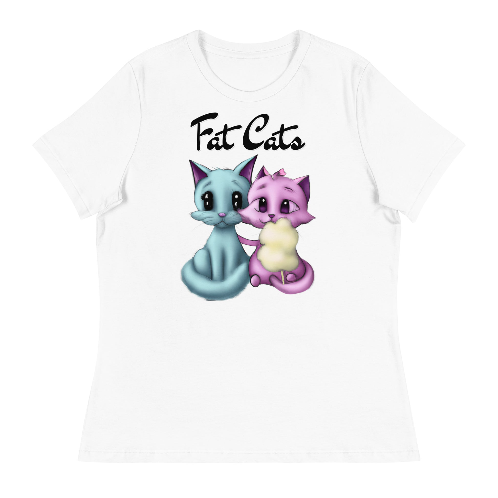 Women's White T-Shirt with Hugging Kittens With Cotton Candy with a text "Fat Cats" at $25.97 found at Personalizedpetlovergifts