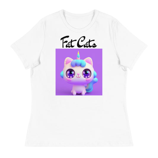 Women's White T-Shirt with Happy Unicorn Kitten with a text "Fat Cats" at $25.97 found at Personalizedpetlovergifts