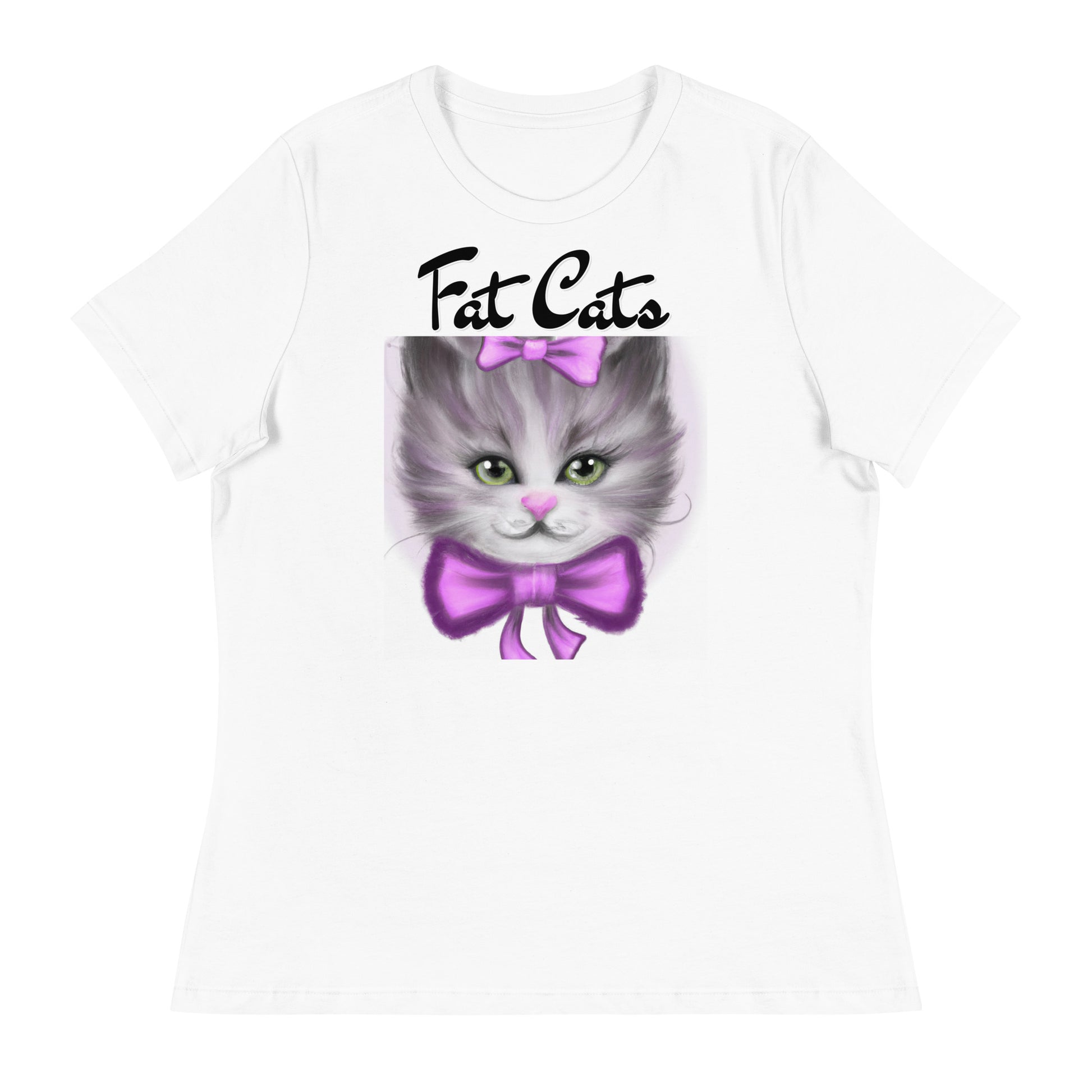 Women's White T-Shirt with Happy Kitten With a Purple Bow with a text "Fat Cats" at $25.97 found at Personalizedpetlovergifts