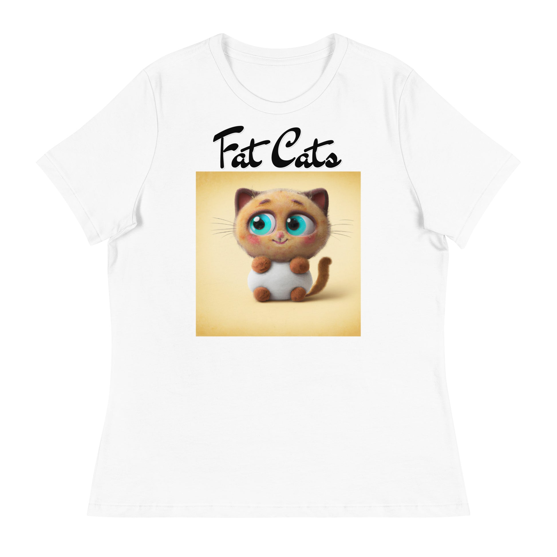 Women's White T-Shirt with Happy Fluffy Kitten with a text "Fat Cats" at $25.97 found at Personalizedpetlovergifts