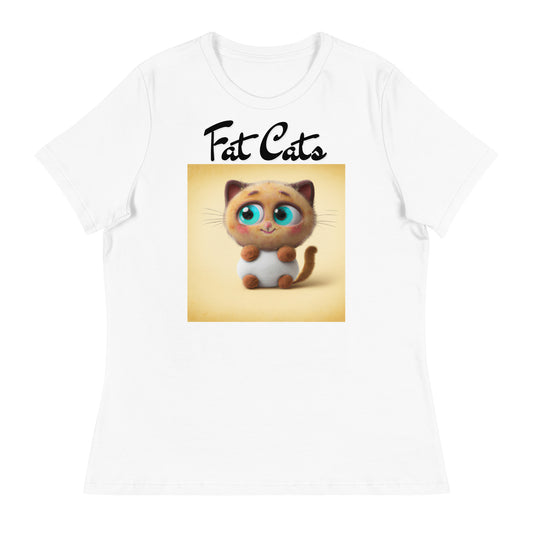 Women's White T-Shirt with Happy Fluffy Kitten with a text "Fat Cats" at $25.97 found at Personalizedpetlovergifts