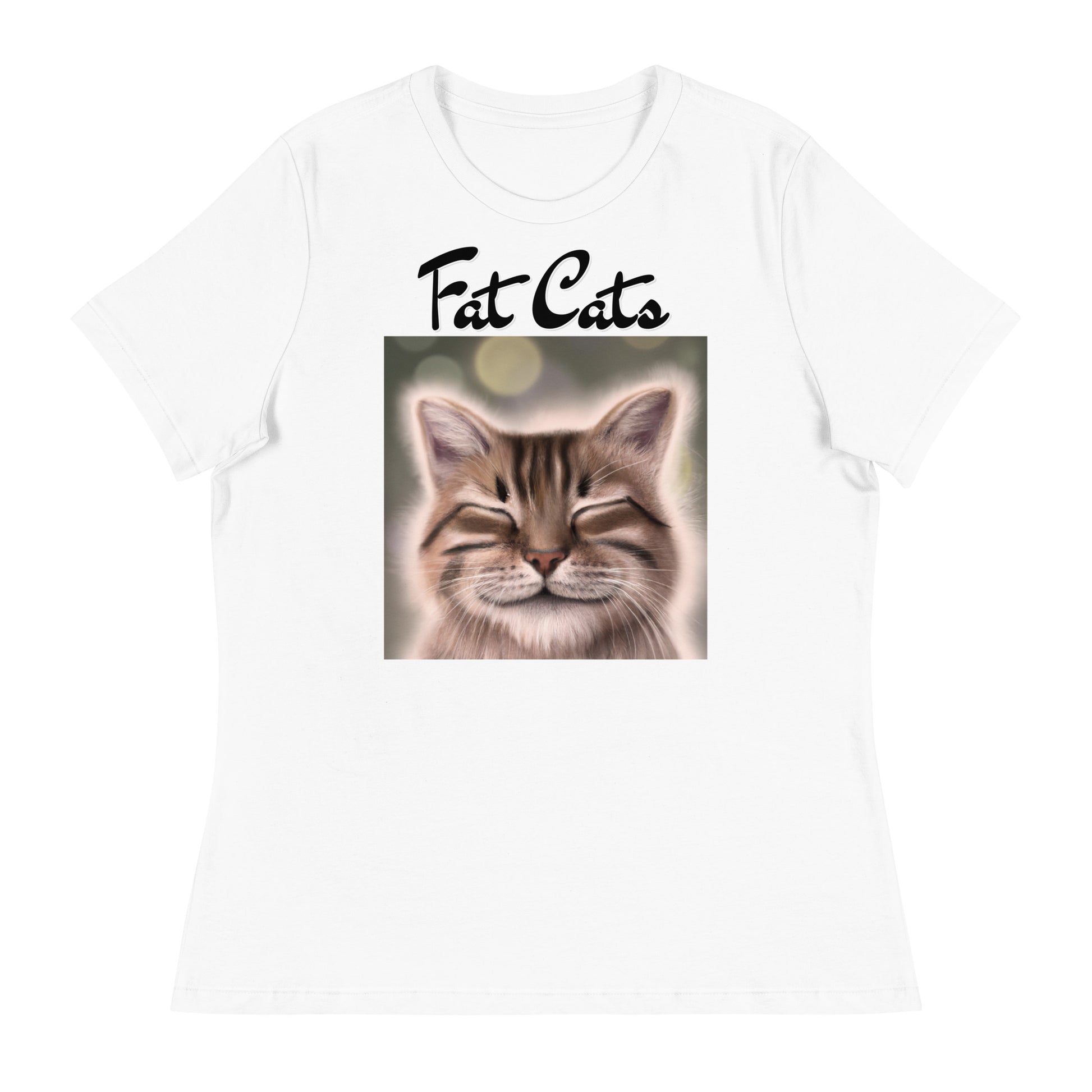 Women's White T-Shirt with Happy Cat with a text "Fat Cats" at $25.97 found at Personalizedpetlovergifts