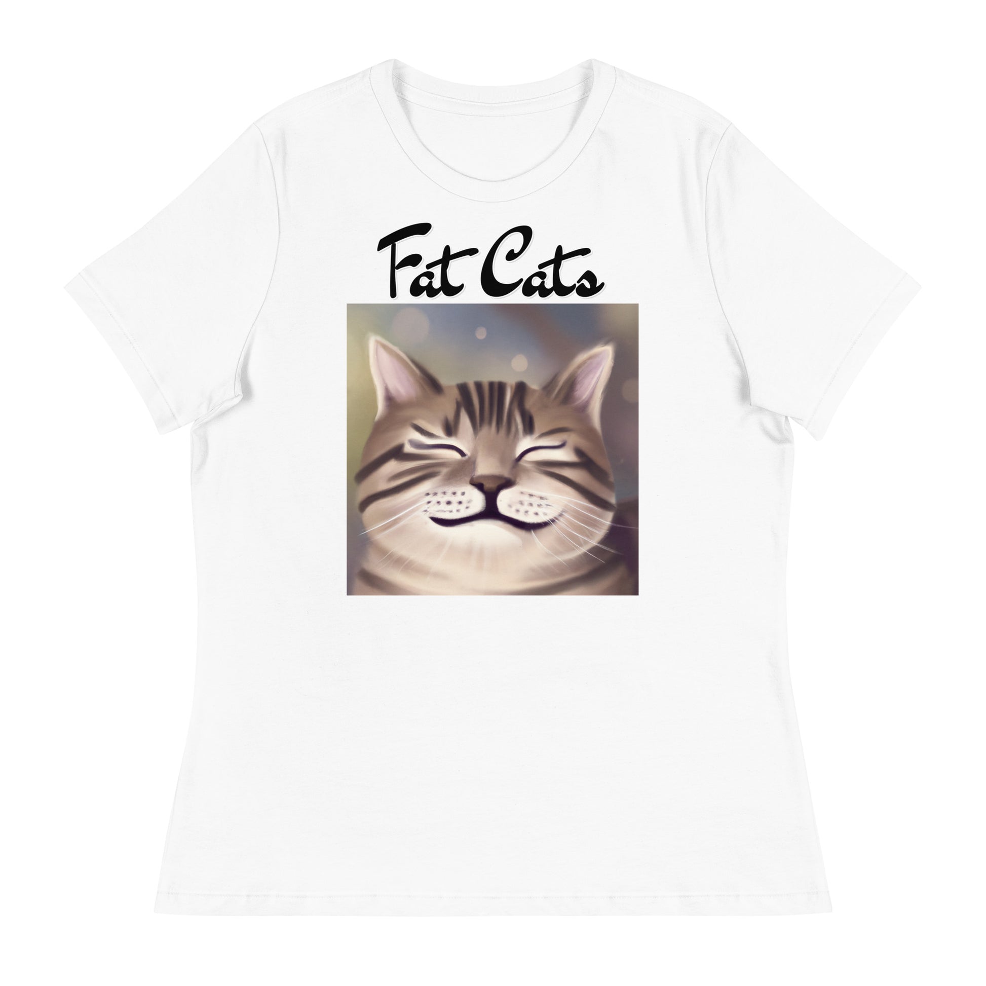 Women's White T-Shirt with Happy Cat Purring with a text "Fat Cats" at $25.97 found at Personalizedpetlovergifts