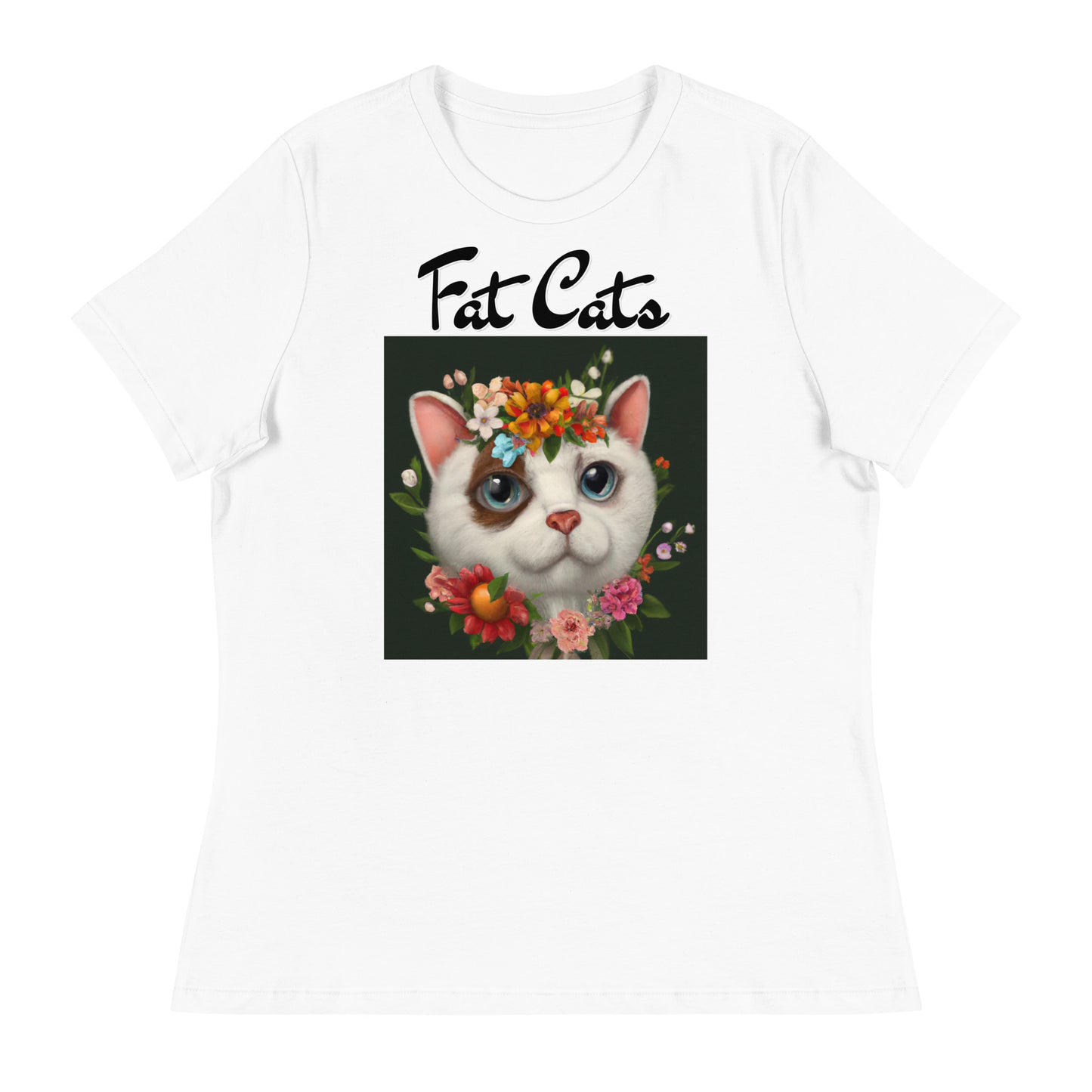 Women's White T-Shirt with Happy Cat Portrait With Flowers with a text "Fat Cats" at $25.97 found at Personalizedpetlovergifts