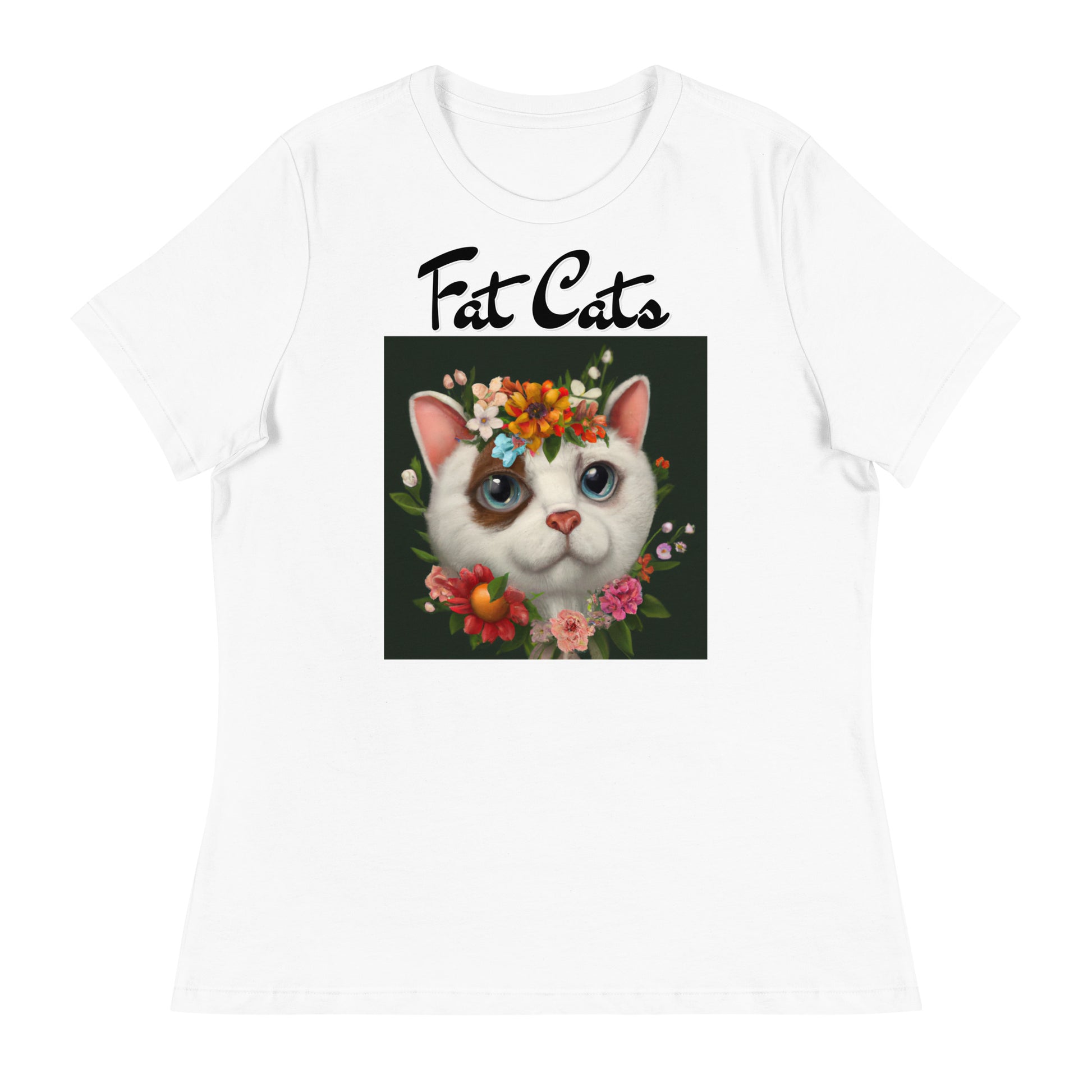 Women's White T-Shirt with Happy Cat Portrait With Flowers with a text "Fat Cats" at $25.97 found at Personalizedpetlovergifts