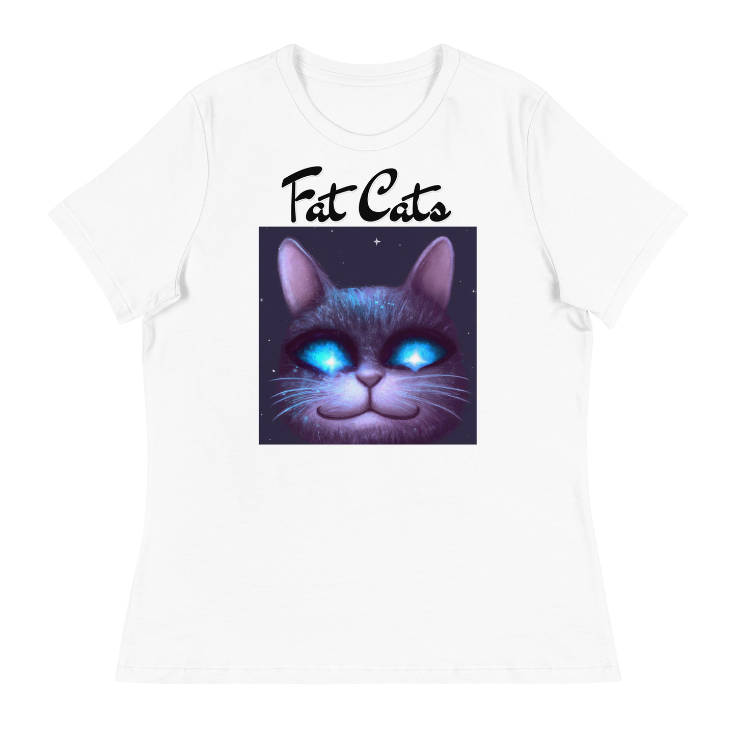 Women's White T-Shirt with Happy Blue Eyed Cat with a text "Fat Cats" at $25.97 found at Personalizedpetlovergifts