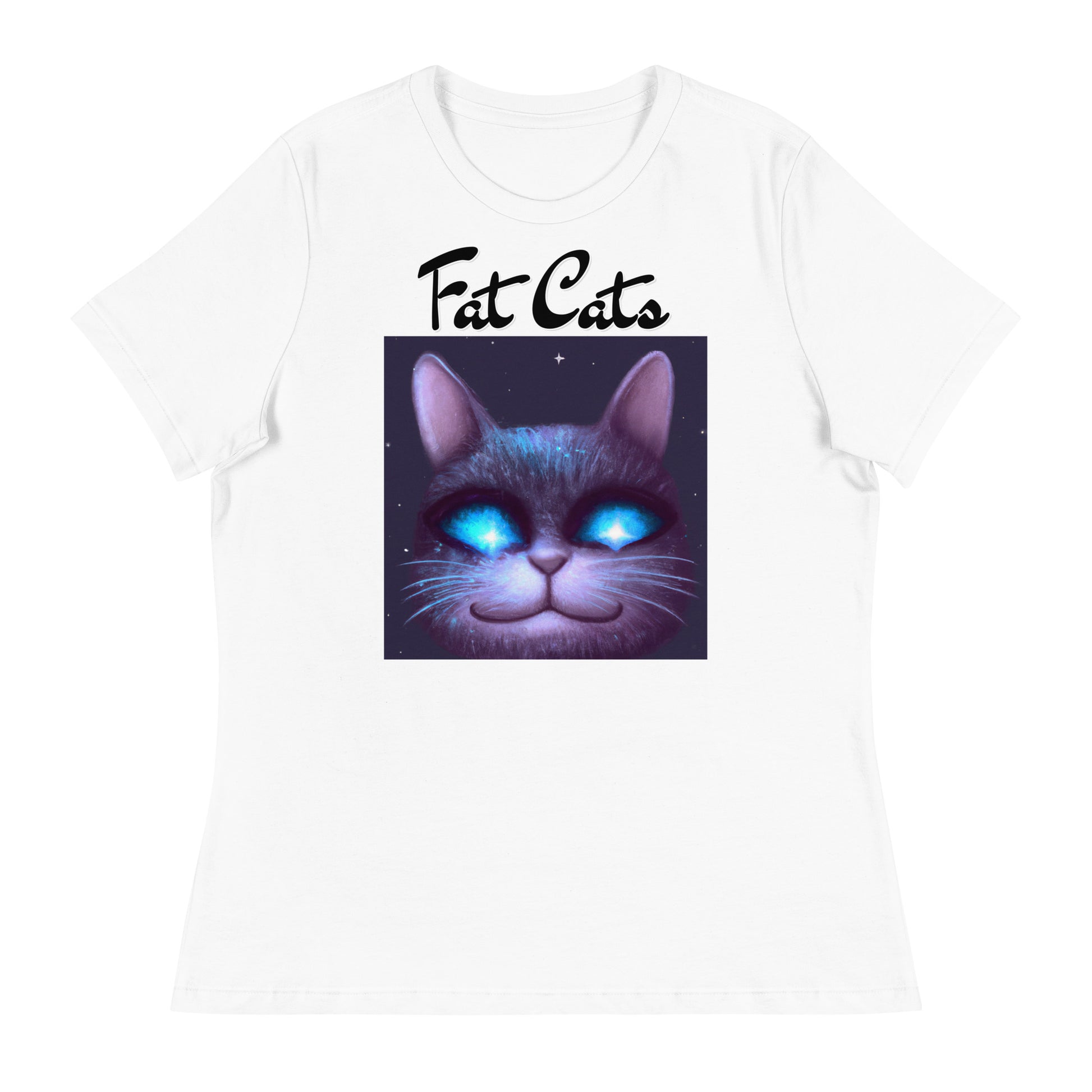 Women's White T-Shirt with Happy Blue Eyed Cat with a text "Fat Cats" at $25.97 found at Personalizedpetlovergifts