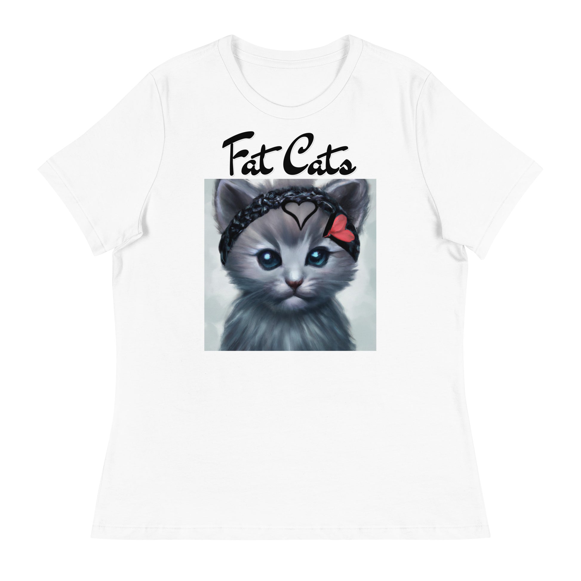 Women's White T-Shirt with Grey Kitten With a Headband with a text "Fat Cats" at $25.97 found at Personalizedpetlovergifts