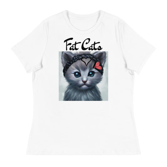 Women's White T-Shirt with Grey Kitten With a Headband with a text "Fat Cats" at $25.97 found at Personalizedpetlovergifts