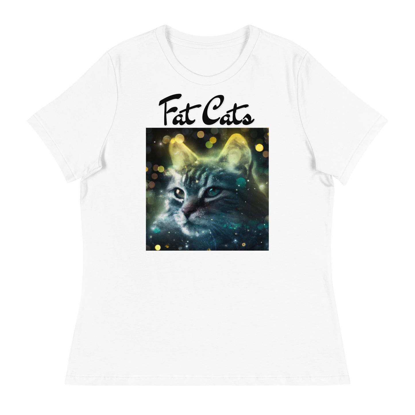 Women's White T-Shirt with Green Space Cat with a text "Fat Cats" at $25.97 found at Personalizedpetlovergifts