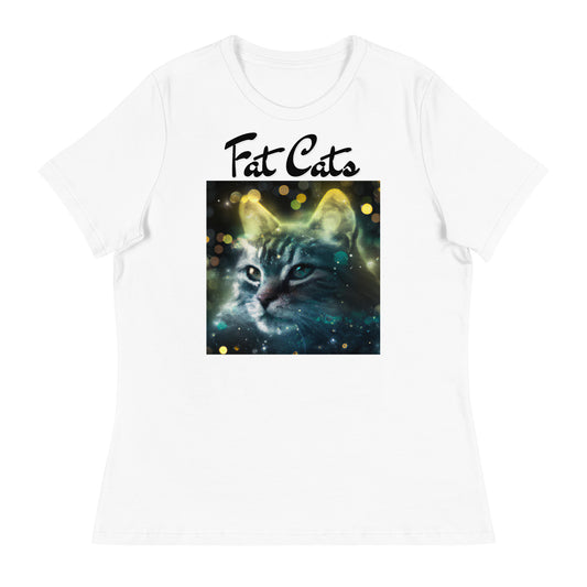 Women's White T-Shirt with Green Space Cat with a text "Fat Cats" at $25.97 found at Personalizedpetlovergifts